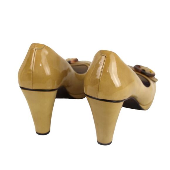 Joy Chen MUSTARD REAL LEATHER HIGH HEEL OPEN TOE BUCKLE CLASSIC PUMP SHOES Sz 9 - Picture 4 of 10